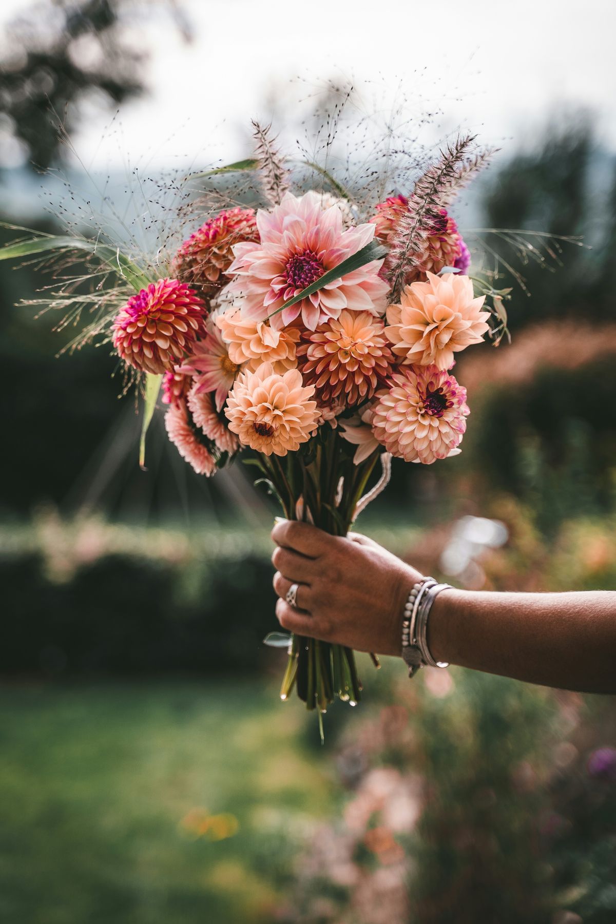 A hand holding a loose bouquet of coral and pink dahlias outdoors