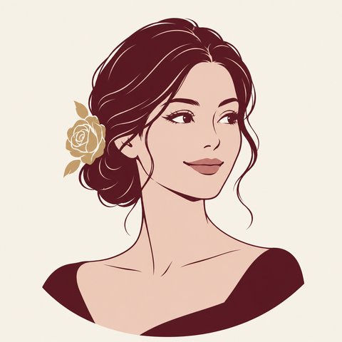 An illustrated portrait of June, the Flowers on Cue concierge, with a rose in her hair