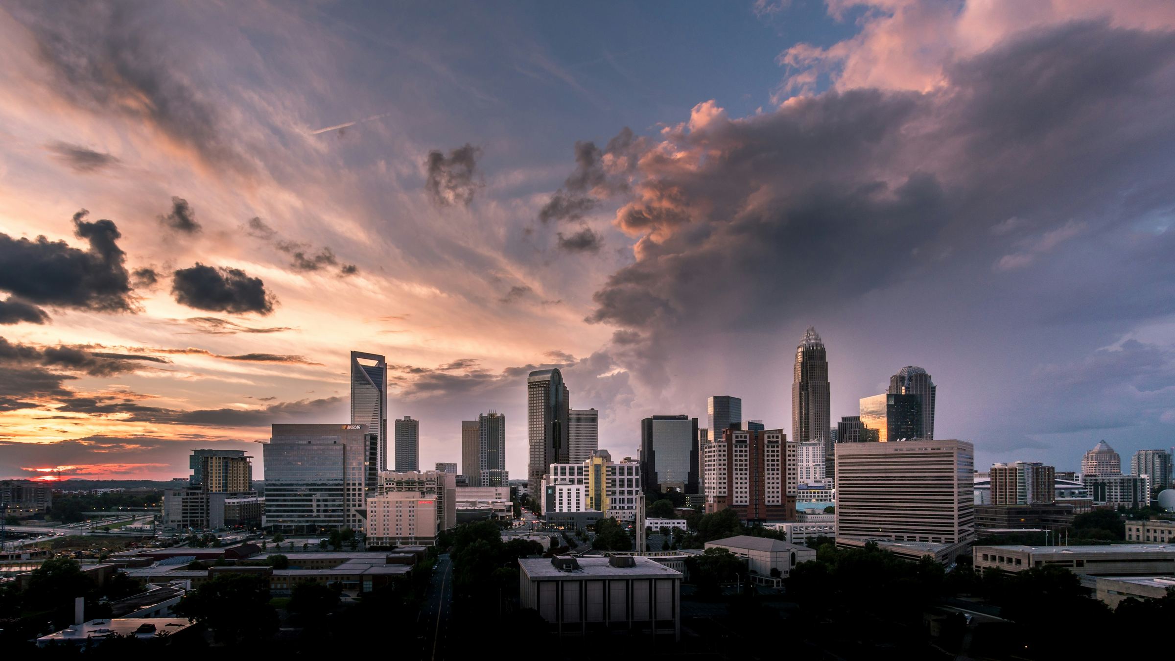 Storm clouds turning pink at sunset over Uptown Charlotte